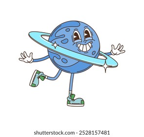 Personagem do planeta espacial do desenho animado. Vetor isolado estilo retro alegre personagem de Saturno com um largo sorriso, acenando alegremente. Esfera azul com estrelas, circulado por um anel brilhante, e tênis da moda