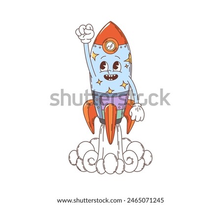 Cartoon groovy space rocket character. Isolated vector funny launching spaceship personage flying up with a smile, smoke and raised hand. Symbol of business startup or interstellar galaxy travel