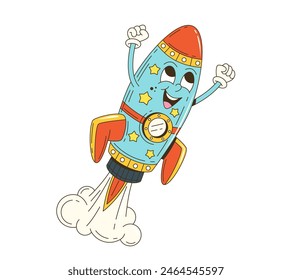 Cartoon groovy space rocket retro character with funky face, vector 70s hippie comic. Groovy funny rocket shuttle on startup launch flight to galaxy space with happy smiling face of cartoon character