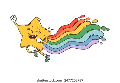 Cartoon groovy space star character. Isolated vector retro style falling comet personage with sparkles and colorful rainbow trail, spreading joy across the night sky. Yellow funky shooting twinkle