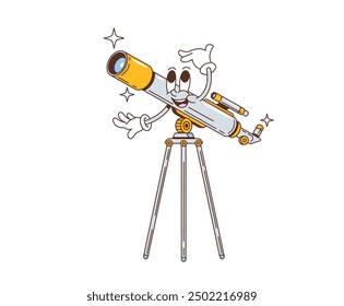 Cartoon groovy space telescope character. Isolated vector nostalgic retro glass personage with an expressive face, extends its eyepiece excitedly, exploring the cosmos and stargazing through its lens