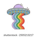 Cartoon groovy space UFO or alien saucer with rainbow, vector 70s retro hippie art. Groovy alien UFO spaceship with psychedelic rainbow flow and stars in galaxy space for funky disco or rave music