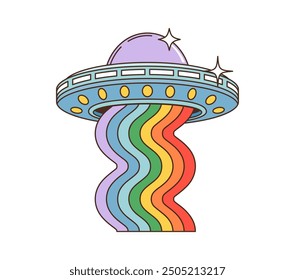 Cartoon groovy space UFO or alien saucer with rainbow, vector 70s retro hippie art. Groovy alien UFO spaceship with psychedelic rainbow flow and stars in galaxy space for funky disco or rave music