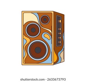 Cartoon groovy speaker. Vector vintage audio stereo musical device, nostalgic electronics, funky hippie subwoofer with abstract psychedelic pattern and expressive retro y2k vibe, for listening music