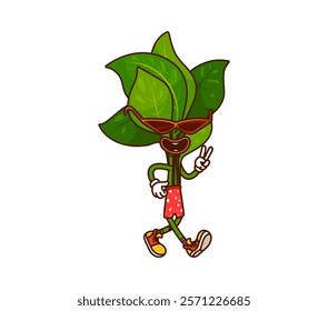 Cartoon groovy spinach vegetable character on summer vacation. Isolated vector fun and vibrant green veggie sporting sunglasses and beach shorts, striking a playful pose, promotes healthy lifestyle