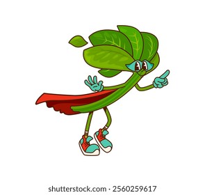 Cartoon groovy spinach vegetable retro superhero character. Isolated vector greenery brave warrior or defender super hero hippie personage in cape and mask. Funky y2k fairytale healthy vitamin food