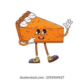 Cartoon groovy sponge cake dessert character joyfully waving. Isolated vector slice of pumpkin pie pastry retro personage smiling broadly. Funny and cute cake with creamy swirls and hippie sneakers