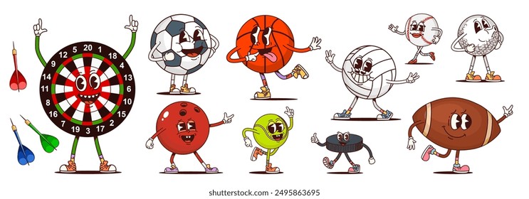 Dibujos animados de personajes de pelota deportiva. Vector juego de dardos, fútbol, baloncesto, voleibol, boliche, tenis, disco de hockey o personajes de fútbol que lucen zapatos y expresan emociones animadas