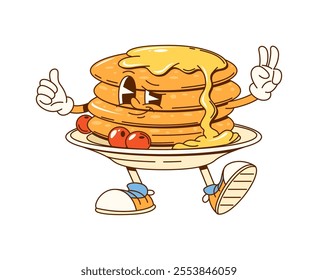 Cartoon groovy stack of pancakes with syrup and berries fast food character. Isolated vector retro pastry personage happily flashing peace sign and winking, adding a playful, sweet vibe to breakfast