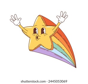 Cartoon groovy star character. Isolated cute vector falling toon comet personage with a whistle lips and sparkling colorful trail, spreading joy across the night sky. Yellow funky shooting twinkle