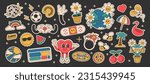Cartoon groovy stickers 70s. Cute retro characters. Hippie style, set cute labels. Isolated on black background