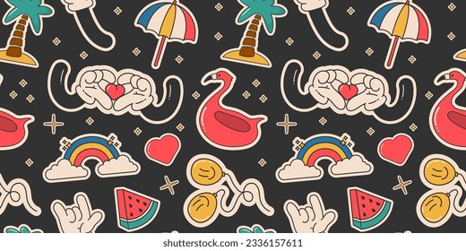 Patrón de los 70 con pegatinas de caricatura. Caracteres retro. Estilo hippie, establecer etiquetas lindas. Aislado sobre fondo negro