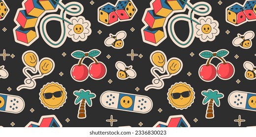 Cartoon groovy stickers 70s pattern. Cute retro characters. Hippie style, set cute labels. Isolated on black background