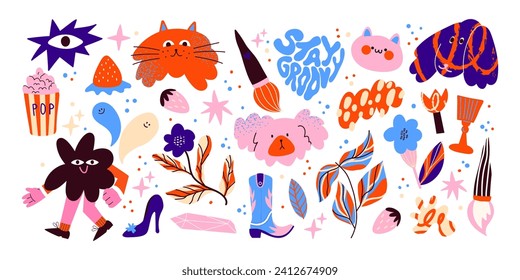 Cartoon groovy stickers set. 90s cute design. botanical elements,stars, pets, flowers,boots. Halloween acid doodle funky set	