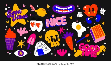 Cartoon groovy stickers set. 90s cute design. hearts ,stars, geometric, food. Halloween retro hippie acid set	