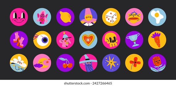 Cartoon groovy stickers set. 90s doodle design. Magic characters, flowers,stars, geometric. Retro Halloween retro patches, labels, tags, stamps. Vector hippie acid set