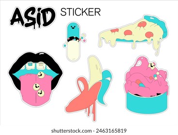 Cartoon groovy stickers set. 90s cute design. Pizza, pill, ice cream, smile. Retro hippie acid set.