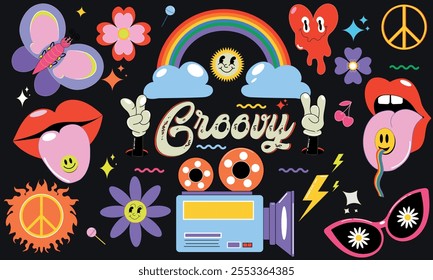 Cartoon groovy stickers set. 90s cute design. botanical elements, stars, rainbow, flowers, stickers vinyl. Retro hippie acid set