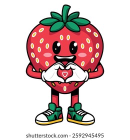 Cartoon groovy strawberry happy character. Garden ripe berry vintage groovy cheerful character farm orchard fresh strawberry funky isolated vector personage holding heart in hands