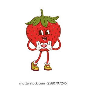 Cartoon groovy strawberry happy girl character. Garden ripe berry vintage groovy cheerful character, farm orchard fresh strawberry girl 60s 70s funky isolated vector personage holding heart in hands