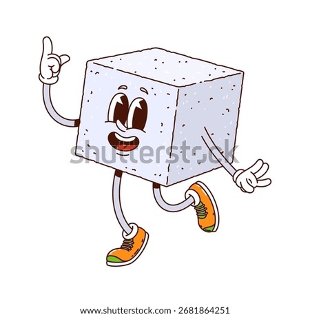 Cartoon groovy sugar cube character for bakery sweets and dessert, vector personage. Funny groovy sugar cube with happy smile on face as funky retro groovy character for dessert or yummy pastry