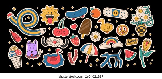 Cartoon groovy summer stickers 70s. Cute retro characters. Hippie style, set cute labels. Isolated on black background	
