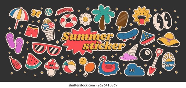 Cartoon groovy summer stickers 70s. Retro doodle character set graphic, beach toys, and vacation vibes. Isolated on black background.