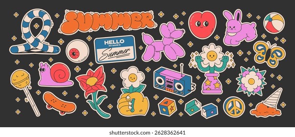 Cartoon groovy summer stickers 70s. Retro doodle character set with toys, flowers, and playful objects. Isolated on black background