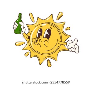 Cartoon groovy sun character with drink bottle and funny face, vector emoji. Groovy sun with beer or lemonade bottle, happy whistling in good vibe for holiday travel and summer leisure retro character