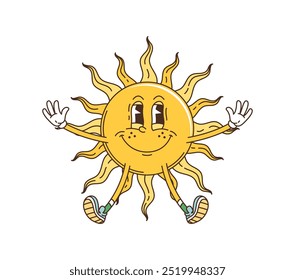 Caricatura de sol groovy con cara funky feliz, Vector retro espacio planeta arte cómico Groovy sun con cara divertida y sonrisa que brilla en galaxy planet, personaje de dibujos animados trippy para la etiqueta engomada hippie de los años 70