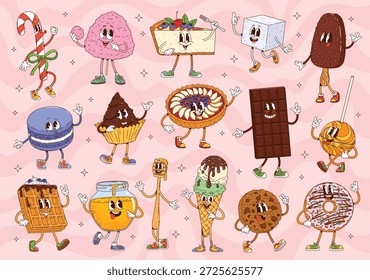 Cartoon groovy dulces y personajes de panadería de chocolate con Vector, dulces, helados y pasteles de postres. Divertido retro groovy pastel, pastel y cheesecake, galleta, donut, piruleta y personajes de cupcake