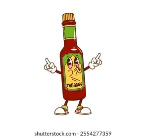 Cartoon groovy tabasco sauce bottle character with expressive eyes, wearing sneakers, and pointing upward with both hands. Isolated vector food dressing retro personage with mischievous expression