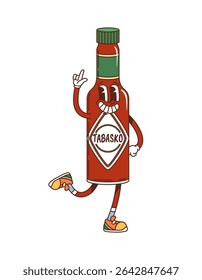 Cartoon groovy tabasco sauce bottle character showcasing hippie y2k vibe with bright sneakers. Isolated vector glass container with saucy condiment, funky food retro personage strikes a cheerful pose