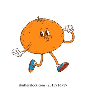 El personaje de la fruta de mandarina de dibujos animados corre enérgicamente, exudando una sensación de emoción y diversión. Vector aislado maduro y alegre naranja tropical o mandarina cítrica retro personaje en zapatillas de deporte