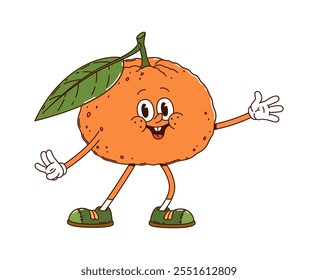 Cartoon groovy tangerine fruit character dance energetically exuding sense of excitement and fun. Isolated vector ripe and cheerful tropical orange or mandarin citrus fruit retro personage in sneakers