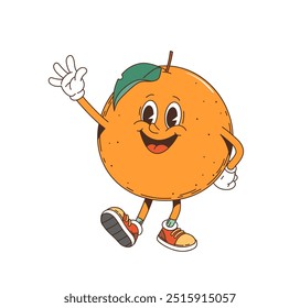 Cartoon groovy tangerina personagem retro com um grande sorriso, acenando mão. Vetor isolado maduro e alegre tropical laranja ou mandarina citrinos personagem, vestindo tênis e uma folha em sua cabeça