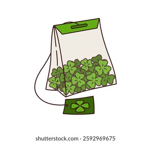 Cartoon groovy tea bag filled with green shamrock leaves. Retro st Patrick day holiday symbol of Irish drink or beverage. Vector teabag with green clover trefoil plant tag on rope. Paper tea package