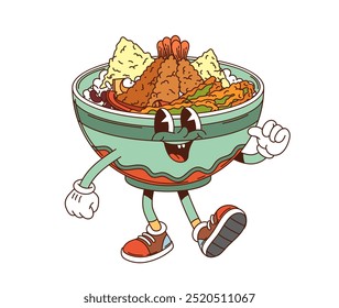 Caricatura del tendón groovy donburi personaje retrata un tazón de tempura sobre el arroz. Vector Personaje gastronómico de Japón con expresión jovial, ojos Grandes y una sonrisa amplia y amigable que presenta la comida asiática tradicional