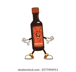 Cartoon groovy Teriyaki sauce bottle character with funny face, vector comic. Groovy funky Teriyaki sauce bottle cartoon character with happy laughing smile for Japanese cuisine or Asian noodles