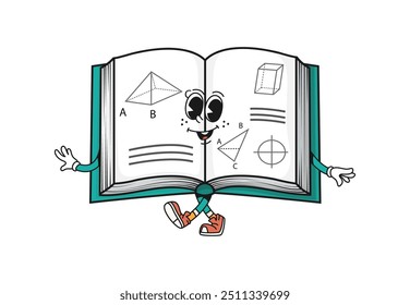 Caricatura de la escuela de libro de texto groovy de dibujos animados. Personaje educativo de regreso a la escuela. Libro retro de geometría de Vector aislado en estilo funky de los años 60, 70, que destella alegremente una amplia sonrisa de bienvenida y páginas abiertas