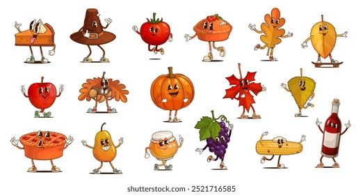 Dibujos animados groovy personajes de acción de gracias. Personajes de calabaza, pastel, hojas, frutas y botellas de Vector con expresiones felices y poses lúdicas celebran la temporada de cosecha con energía cálida y festiva