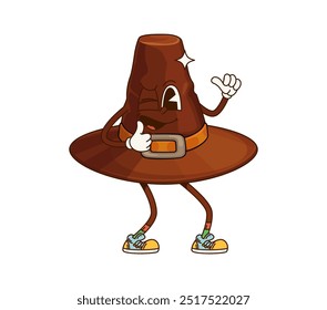 Cartoon groovy Thanksgiving pilgrim hat character exuding joy and retro charm. Isolated vector traditional headwear, brown cap personage convey a sense of celebration and autumnal holiday festivity