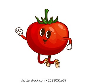 Cartoon groovy tomato thanksgiving character. Isolated vector cheerful ripe and red tomato vegetable, healthy food personage joyfully dancing, showcasing playful and funny expression with retro vibe