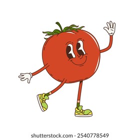 Carácter vegetal del tomate groovy de la historieta con el color rojo vibrante, los ojos animados y la cara sonriente, lleva las zapatillas de deporte y los guantes, agitando la mano. Personaje retro vegetal de tomate sano maduro de Vector aislado