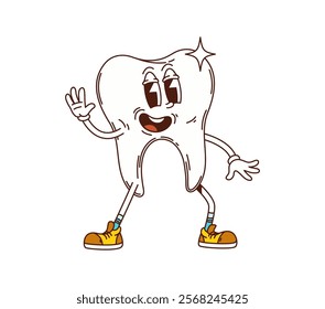 Cartoon groovy tooth medicine and health character smiling and waving, conveying a sense of friendliness with expressive eyes, spark and retro shoes, emphasizing dental hygiene and oral care for kids