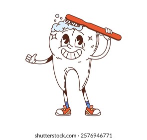 Cartoon groovy tooth medicine and health character smiling and brushing its head with toothbrush, giving a thumbs up, retro y2k personage promotes dental hygiene, oral health, and tooth care for kids