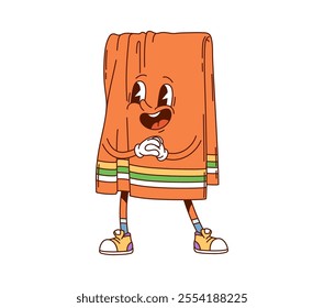 Cartoon groovy towel household character with a friendly smile exudes funky vibe and joy. Isolated vector bath cloth cheerful retro personage laughing joyfully, exudes a warm, friendly homey vibe