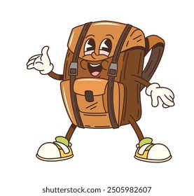 Personaje de mochila de viaje groovy de dibujos animados. Mochila antropomórfica de Vector aislada, personaje de equipo turístico listo para la aventura. Campamento de viaje y artículo de turismo con cara sonriente y zapatillas de deporte retro