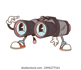 Cartoon groovy travel binoculars character, retro camp and tourism personage. Isolated vector anthropomorphic optical equipment with a surprised curious face, looking far and searching for adventures