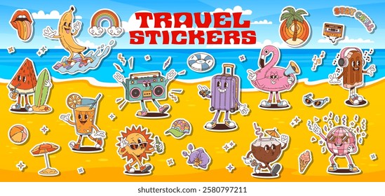 Cartoon groovy travel and summer vacation stickers pack featuring playful characters like a surfing banana, watermelon with surfboard, dancing suitcase, flamingo float on a sunny beach background